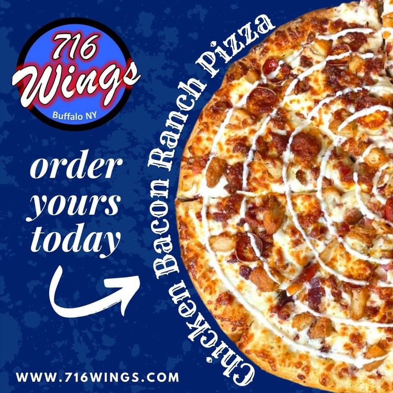 Chicken Bacon Ranch Pizza with pepperoni and ranch drizzle